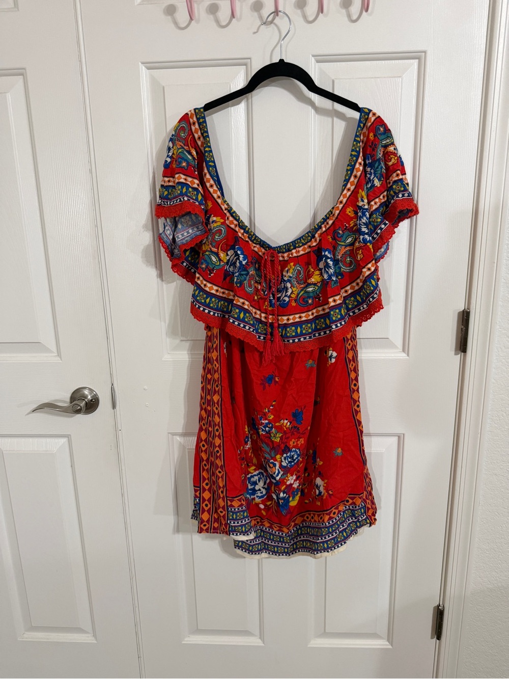 Flying Tomato L Red Floral Off Shoulder Ruffle Mini Dress Boho Festival